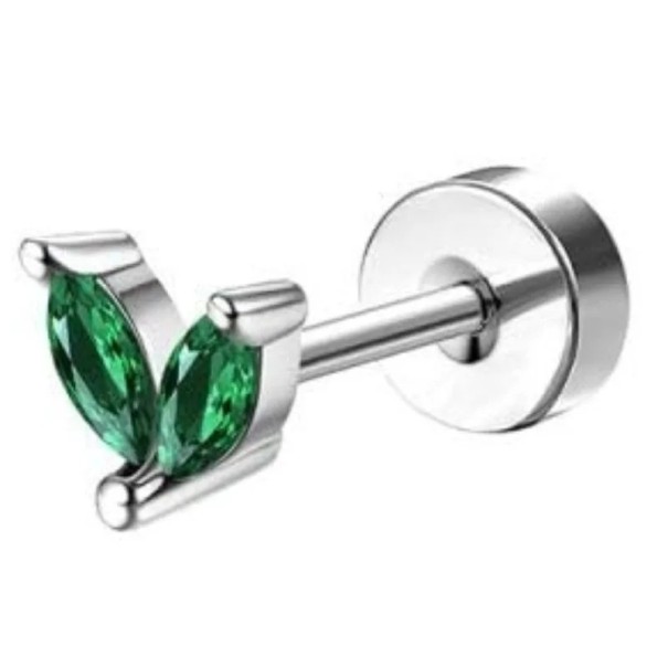 1 ks stříbrný piercing se zeleným diamantem v listovém tvaru 0,8 mm x 6 mm x 10 mm z chirurgické nerezové oceli pro citlivé uši 1