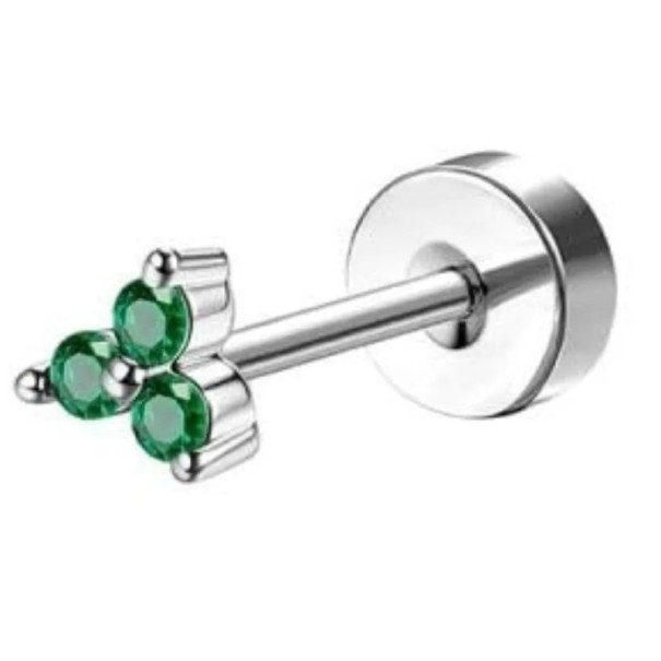 1 stuk zilveren piercing met drie groene diamanten naast elkaar 0,8 mm x 6 mm x 10 mm van chirurgisch roestvrij staal voor gevoelige oren 1