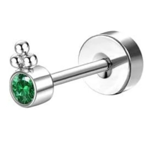 1 τεμάχιο ασημένιο piercing με πράσινο διαμάντι και μπίλιες 0,8 χλστ. x 6 χλστ. x 10 χλστ. από χειρουργικό ανοξείδωτο ατσάλι για ευαίσθητα αυτιά 1