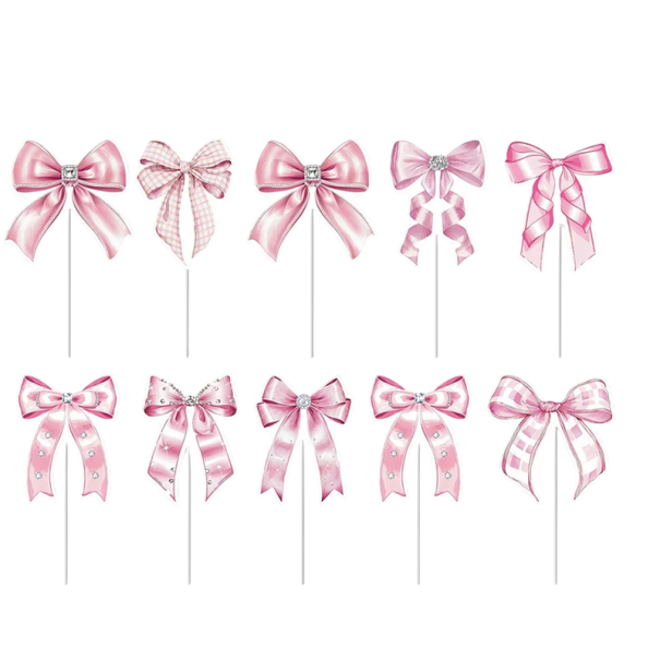 10 buc Bețișoare decorative pentru tort Fundițe roz mix de designuri 5,5 x 4,5 cm Topperuri pentru torturi decorațiuni pentru cupcakes aniversări 1