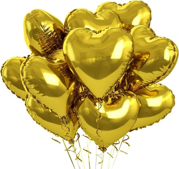10 bucăți Balonase strălucitoare în formă de inimă 45,7 cm baloane decorative pentru petreceri efect metalic pentru sărbători și decor de nuntă aur