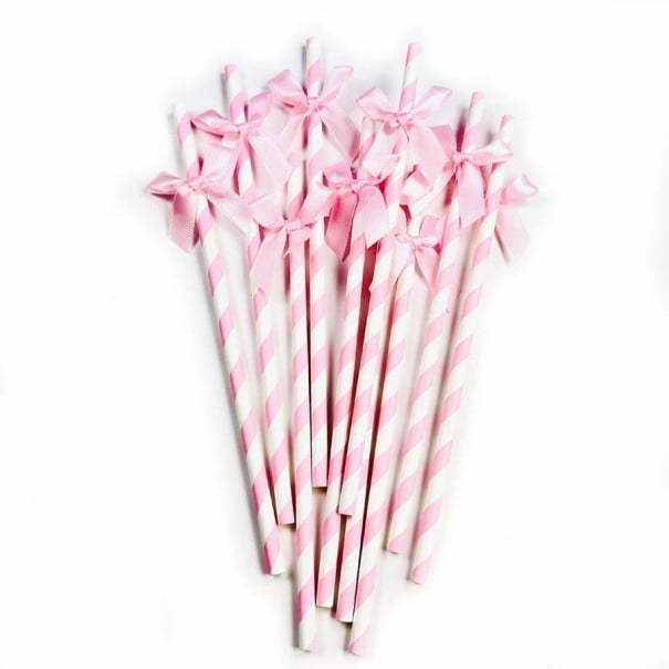 10 db Papírszívószál italokhoz Rózsaszín-fehér masnival Születésnapi szívószálak, baby shower, édes bár dekorációk italokhoz 1