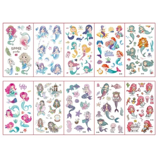 10 ív ideiglenes tetoválás 12 x 7 cm tengeri sellők színes gyerek tetováló matricák víz alatti motívumokkal 1