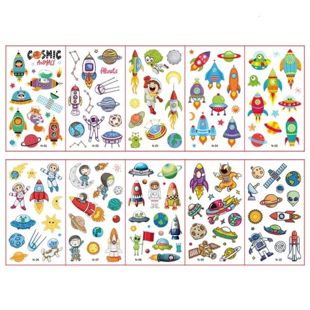 10 ív ideiglenes tetoválás 12 x 7 cm űr rakéták bolygók űrhajósok gyerek tetováló matricák a bőrre 1