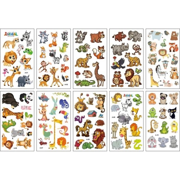10 ív ideiglenes tetoválás állatos dzsungelből és szafáriból, 12 x 7 cm, színes tetováló matricák gyerekeknek 1