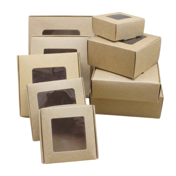 10 ks Dárkové krabičky 8 x 8 x 4 cm Kraftové papírové boxy s průhledným okýnkem Různé barvy Elegantní obaly na šperky, cukroví a drobné dárky hnědá