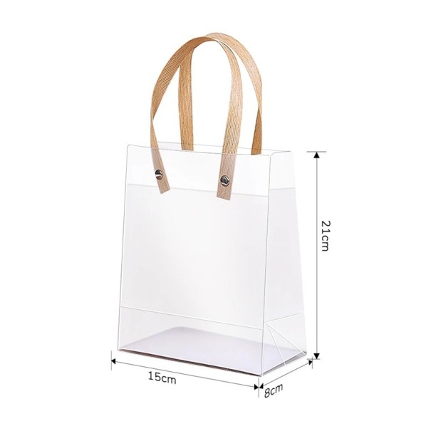 10 ks Průhledná PVC dárková taška 21 x 15 x 8 cm s béžovými uchy Elegantní plastová odnoska na dárky a suvenýry Odolná průhledná taška na svatbu narozeniny oslavy 1