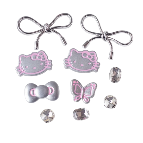 10 pcs décoration pour crocs nœuds Hello Kitty pierres grises roses ensemble d'ornements pour chaussures avec fixation facile 1