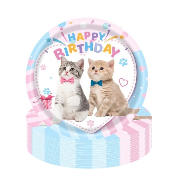 10 pcs Pratos de papel para festa 22,9 cm Pratinhos com motivo de gatinhos Happy Birthday Pratos descartáveis para bolo para festa de aniversário 1