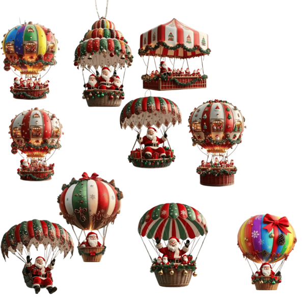 10 pcs Wooden Christmas Ornaments 8 cm 2D Hanging Decorations Santa in a Hot Air Balloon Natural Wood Tree Decorations Christmas Decor 1
