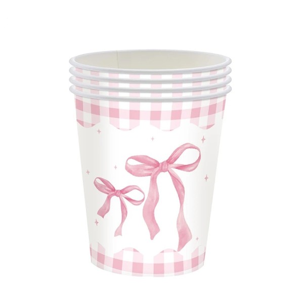 10 pz Bicchieri di carta per bevande Fiocchi rosa con bordo a scacchi Bicchieri da festa usa e getta compleanno 1