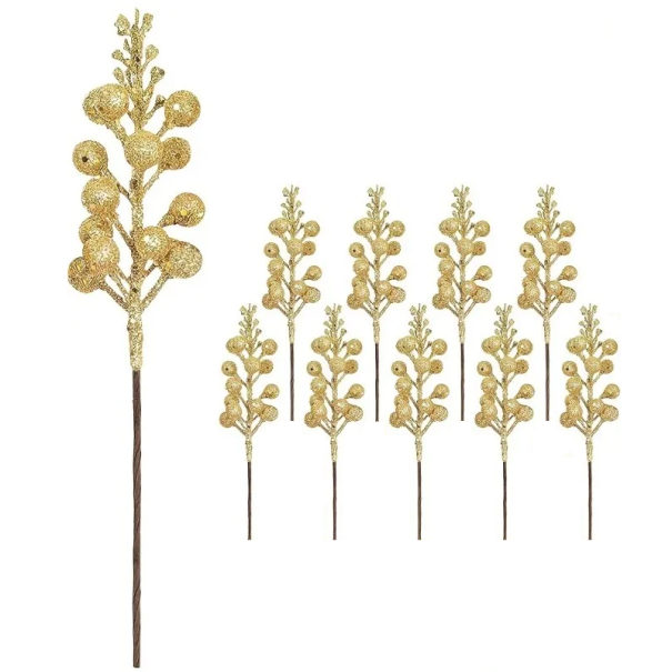 10 st Umålat glittrande bärbuketter 15 cm Juldekoration med glänsande frukter Vinterdekoration för bord, krans eller julgran Heminredning guld