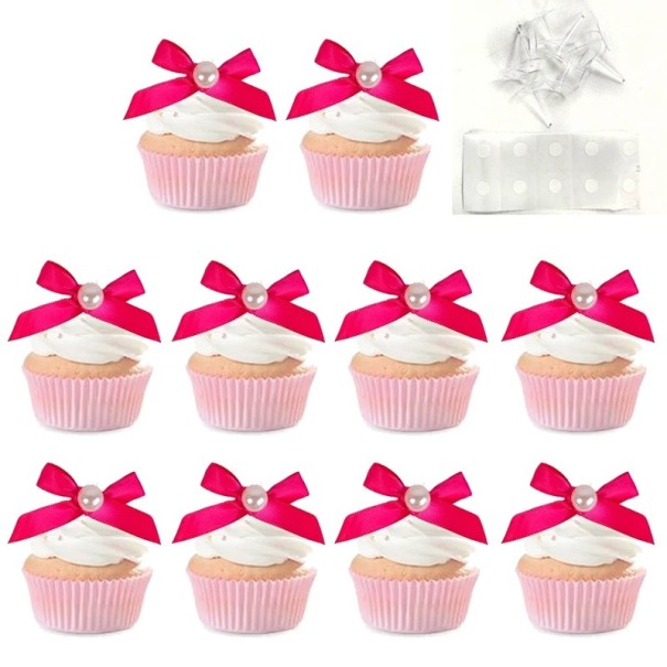10 stk. Dekoration til cupcakes rosa stofsløjfe Kage topper dekoration til muffins fødselsdag festpynt mørkerosa