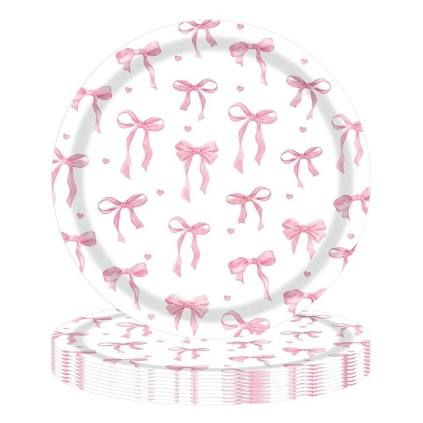 10 stk Papirparty tallerkener 22,9 cm Pink Sløjfer og Hjerter Engangs Fødselsdagstallerkener til Kage, Desserter og Snacks 1