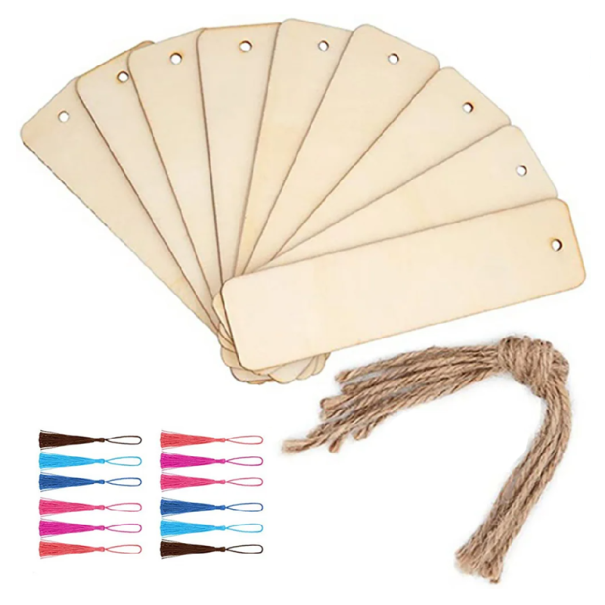 10 Stück Holz-Lesezeichen 12 x 3,2 cm Set mit Quasten und Schnüren Lesezeichen zum Dekorieren und DIY Basteln
