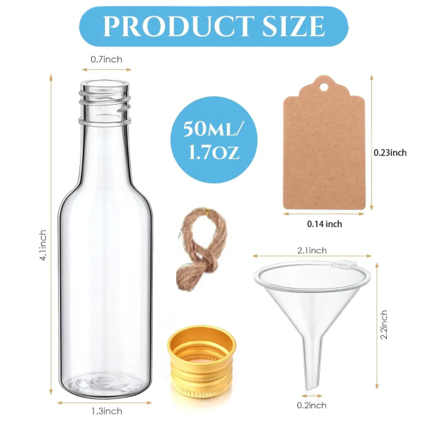10 Stück Kunststoffflaschen für Gewürze und Flüssigkeiten 50 ml mit Metallverschluss in Gold oder Silber Set mit Mini-Flaschen, Trichter, Etiketten und Schnur golden