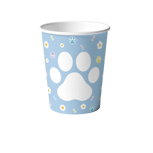 10 Stück Papierpartybecher Höhe 8,2 cm Öffnung 7,4 cm Boden 5,3 cm Becher mit Motiv von weißen Katzenpfoten und Blumen Einwegbecher blau