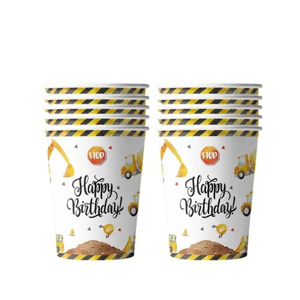 10 Stück Papptassen Baustellenfahrzeuge Happy Birthday Einwegbecher für Kindergeburtstagsfeiern Partybecher für Getränke 1