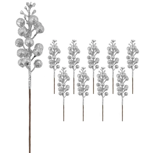 10 stuks Kunstmatige glinsterende bessenboeketten 15 cm Kerstdecoratie met glanzende vruchten Winterdecoratie voor tafel, krans of kerstboom Thuisdecoratie zilver