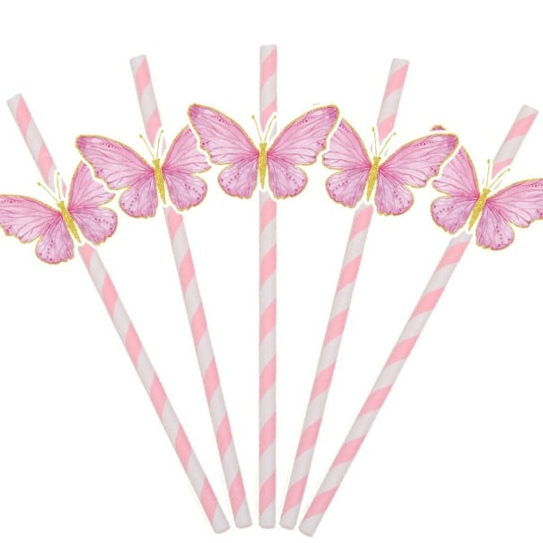 10 stuks Papieren rietjes met vlinder Decoratieve rietjes voor dranken Vlinderfeest rietjes voor limonade cocktails en dranken Kinderfeest verjaardag roze