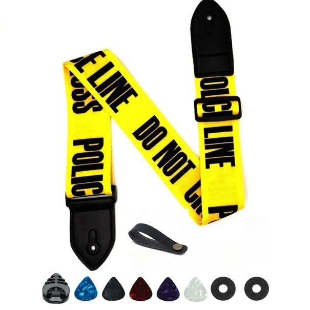 10-teilige Set für Gitarristen Gelber Gurt mit der Aufschrift Do Not Cross the Line Halter für Plektren Adapter für den Gitarrenkopf 5 Plektren 2 Schlösser