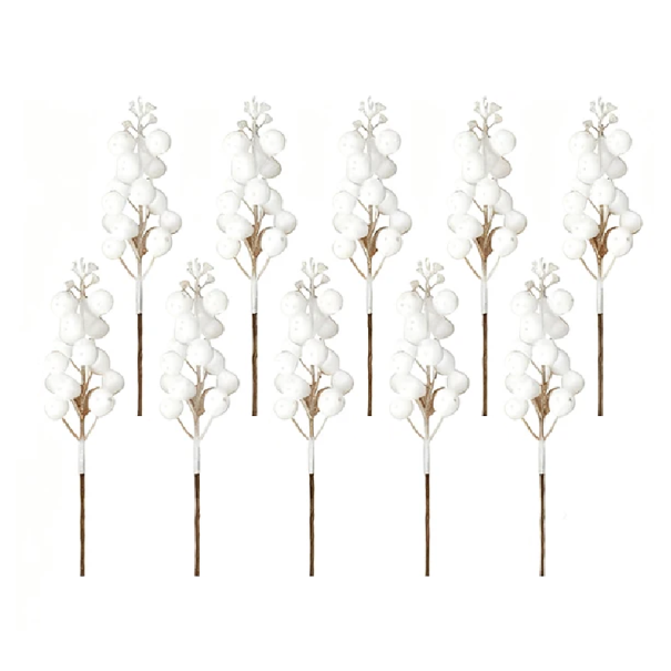 10 un. de Grupos de Bagas Brancas Artificiais de 15 cm com Caule Castanho - Decoração de Natal para Coroas e Castiçais - Flores Artificiais para Arranjos 1