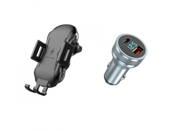 10 W teljesítményű vezeték nélküli autós töltő telefon tartóval Gyújtóba dugható adapter 36 W USB és USB-C portokkal Gyors Töltés 3.0 Power Delivery 2