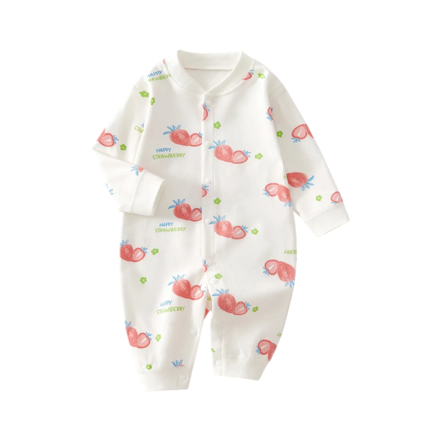 100% katoenen romper voor pasgeborenen met aardbeienprint Lange mouw O-hals Witte unisex romper met vrolijke motieven en knoopsluiting 6-9 maanden