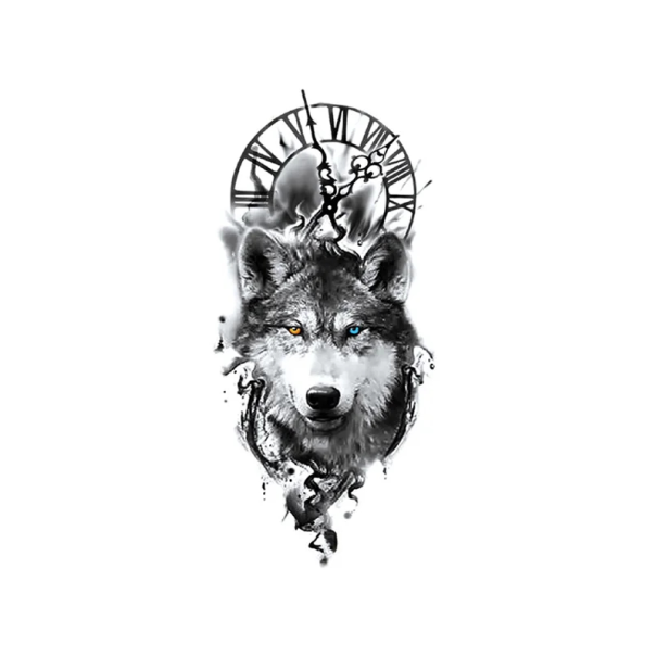 Tillfällig vattentät tatuering Husky och romersk klocka 21 x 11,4 cm Kroppstatuering Hundtatuering Långvarig falsk tatuering 1