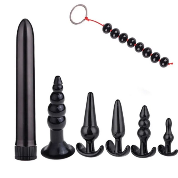 Set med 7 erotiska leksaker, vibrator, buttplugs, analbollar, silikon för honom och henne i diskret förpackning 1