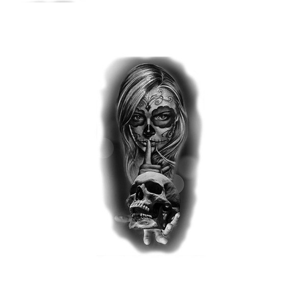 Tillfällig vattentät tatuering 11,5 x 21 cm Kvinna med skalle Realistiskt mystiskt motiv Håller upp till 15 dagar Enkel applicering Kroppstatuering 1