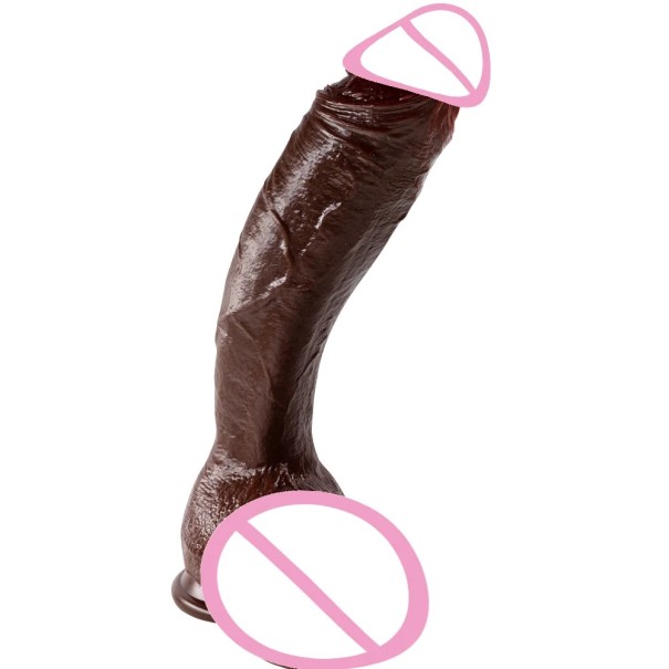 Realistisk silikondildo med sugkopp storlek L mjuk medicinsk silikon naturlig mörk färg detaljerad bearbetning diskret förpackning 1