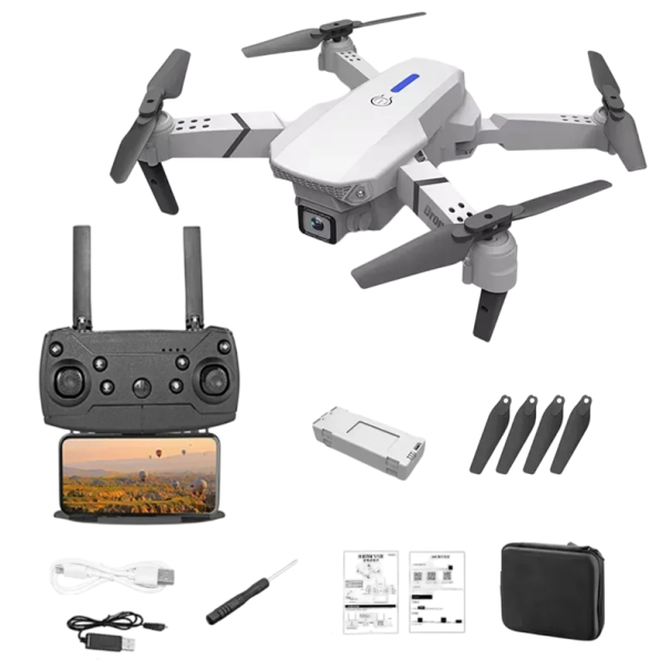 Grå foldbar drone 25x25 cm 4K/HD kamera WiFi Fjernbetjening 150m rækkevidde 1800mAh USB-opladning 3 flyvehastigheder Beskyttelsesetui 1