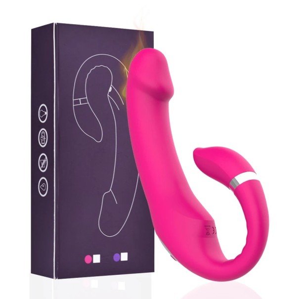 Rosa U-formad vibrator med värme, 10 vibrationslägen, dubbel stimulering, magnetisk USB-laddning, vattentät, Diskret förpackning rosa