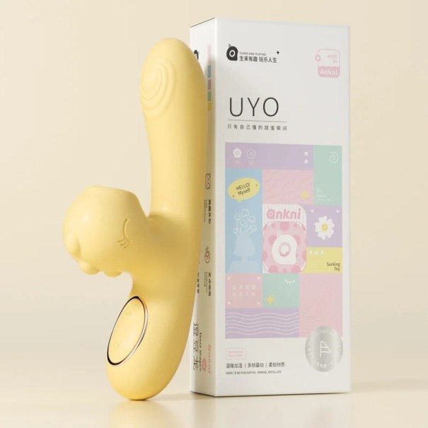 Gul silikon 2-i-1 vibrator med söt kvinnokarl i form av en dinosaurie och värmer upp till 42 °C USB-laddning diskret förpackning 1