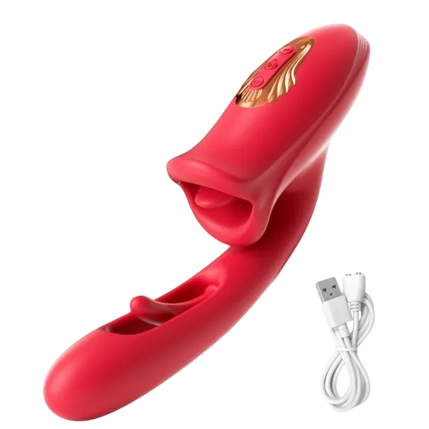 Multifunktionell vibrator med mjuk form, skramlande tunga, sug och mer än 10 vibrationslägen 24 cm USB-laddning diskret förpackning röd