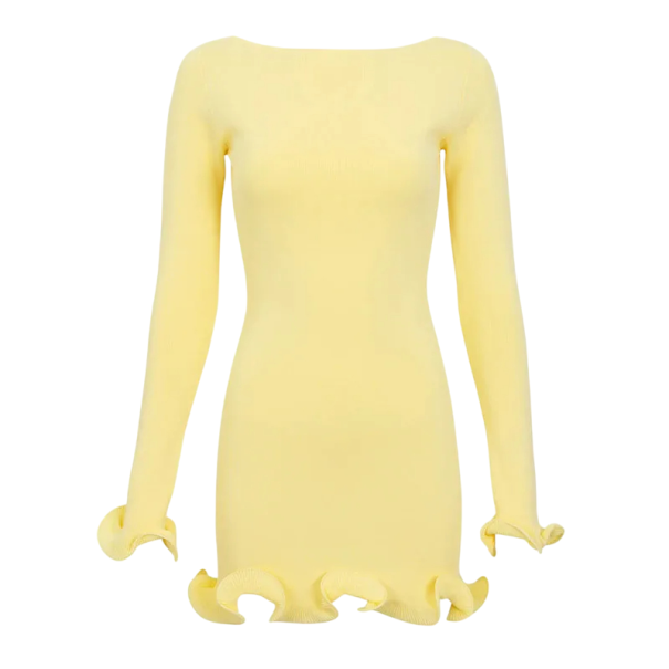 Rochie mini elegantă cu mâneci lungi Tivul ondulat pe mâneci și marginea inferioară Croială simplă Stil mulat Material elastic galben S