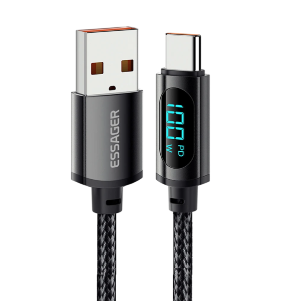 Rýchlonabíjací kábel USB C a USB A 7A 100 W 2 m LED displej nylonový oplet rýchly prenos dát 480 Mb/s podpora PD protokolov 1