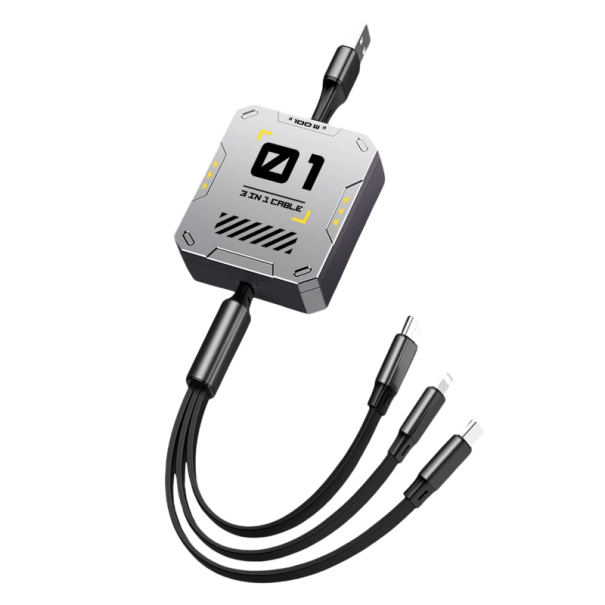 Utdragbar USB-kabel 3 i 1 1,2 m snabbladdningskabel 100 W USB till USB C + Lightning + Micro USB för bil, mångsidig 2 A gul