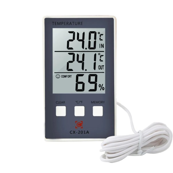 Digital termometer och hygrometer med LCD-display 98 x 58 mm Utomhussensor 1,4 m °C/°F omkoppling Temperatur- och fuktighetsmätning 1