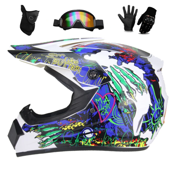 Kindermotorhelm integraal ABS met zonneklep ventilatiesysteem masker bril handschoenen 1,2 kg 25x25x36 cm wit M (55-56 cm)