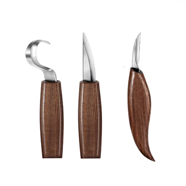 Set med 3 snidknivar i kromstål Ergonomiska handtag i valnötsträ Träsnideri Modellering Precisionssnideri 1