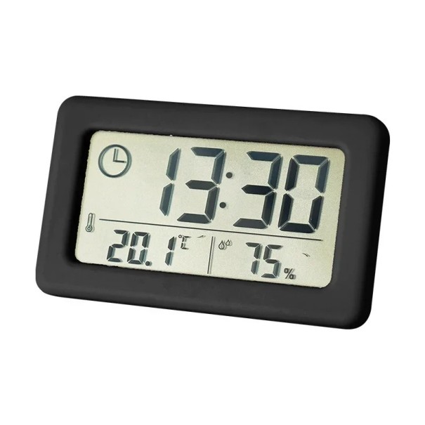Lätt och smal digital termometer och hygrometer med klocka 9,6 x 1 x 5,8 cm Stor LCD-skärm För skrivbords- och vägganvändning Svart svart