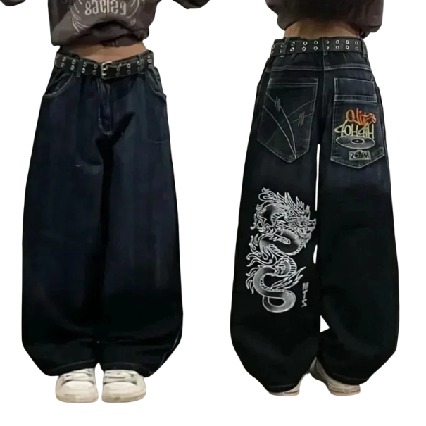 Svarta damjeans med vitt kinesiskt draketryck, lösa, långa, vida ben, vintage streetwear-stil XL