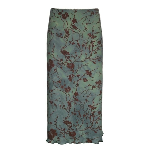 Grüner Midirock für Damen im Vintage-Stil mit Blumendruck. Eleganter Rock mit niedriger Taille. Leichter Stoff. Sommer-Boho-Stil. Romantische Mode S