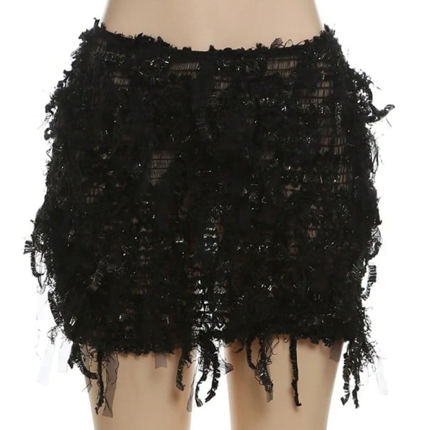 Falda corta de punto transparente con borlas, minifaldas sexys para mujer, falda ajustada para playa y fiestas, falda transparente de verano negro XS