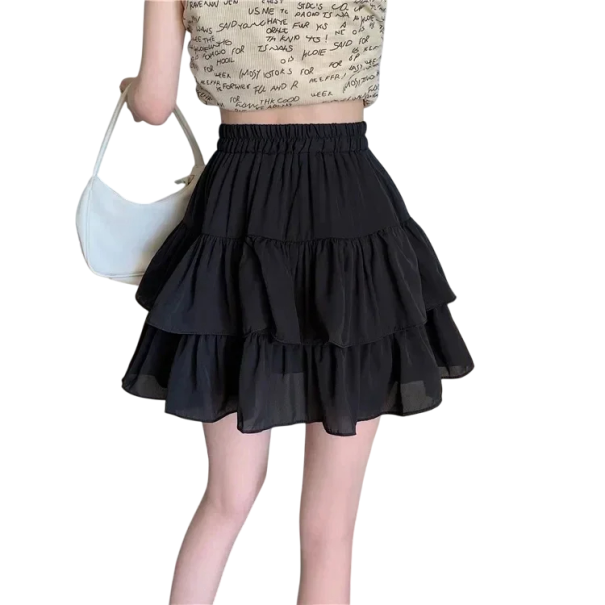 Minifalda corta de corte A con volantes, estilo plisado con cintura elástica, ligera, de verano, elegante, para mujer. negro