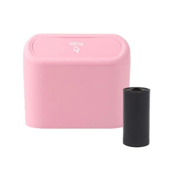 Liten bilsoptunna med lock 15,5 x 14 cm läckagesäker ABS biltillbehör med 1 rulle påsar kompakt förvaringsbehållare rosa