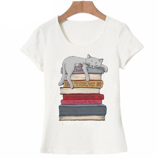 Vit t-shirt för kvinnor med katttryck L