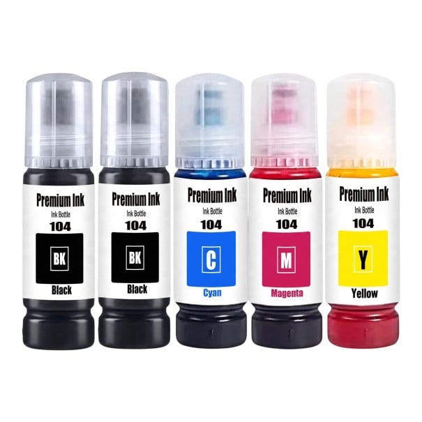 104-es tintapatron készlet 5 db Epson EcoTank ET-2821 ET-2825 ET-2826 ET-2830 5x 70 ml víz alapú 2x fekete, cián, magenta és sárga 1